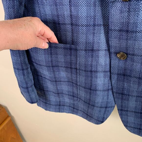 Tasso Elba Size M (39-41) Men's Linen Sport Coat Blazer Jacket Blue Plaid Career - Picture 5 of 9